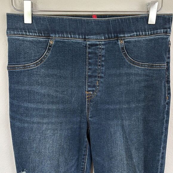 Spanx Blue Distressed Pull-On Ankle Skinny Jeans Raw Hem Size Medium Tall - Picture 5 of 13